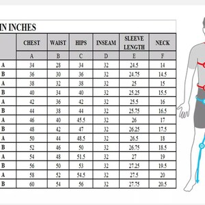 May include: A size chart titled MEN SIZES IN INCHES featuring a table with columns for chest, waist, hips, inseam, sleeve length, and neck measurements in inches, alongside a line drawing of a figure indicating where to measure for each category.
