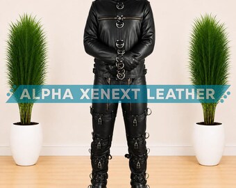 Mens Black Leather Restraint Style Suit Adjustable Buckle Costume Gothic Cosplay Outfit Custom Fit