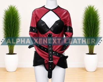 Red and Black Genuine Leather Straitjacket Bodysuit, Buckled Long Sleeves, Back Zipper