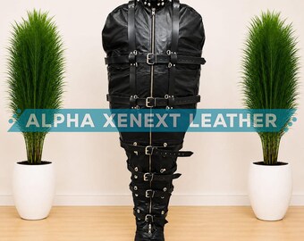 Black Real Leather Full Body Suit Adjustable Buckle Zip Front Costume