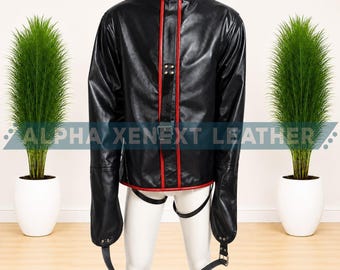 Handmade Black Genuine Leather Straitjacket, Red Trim Buckle Jacket, Unisex Alternative Apparel