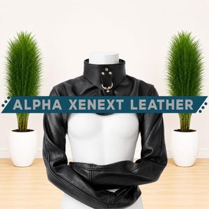 May include: A black leather bolero with long sleeves and a high collar featuring a silver-toned metal O-ring attached to a vertical tab with three rivets. The garment is displayed on a white mannequin and includes the text ALPHA XENEXT LEATHER.