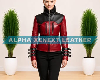 Women's Red Black Leather Biker Jacket with High Neck and Buckle Cuffs