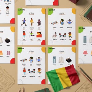 Könnte beinhalten: Eine Sammlung von Lernpostern mit Vokabeln der Bamana-Sprache, illustriert mit Darstellungen von Personen, Kleidung und täglichen Handlungen. Das Set enthält eine kleine Flagge von Mali, ein grünes und braunes Notizbuch sowie einen Stiftehalter.