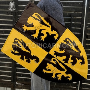 May include: A medieval shield with a black and yellow design. The shield is divided into four quadrants, with alternating black and yellow squares. Each square features a lion emblem. The shield is held by a person.