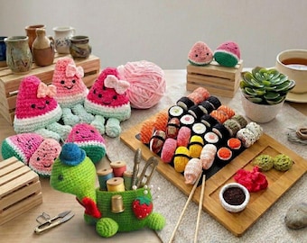 Paquete de amigurumis de ganchillo: peluche de sandía, juego de sushi y lazo de tortuga verde (archivo digital PDF)