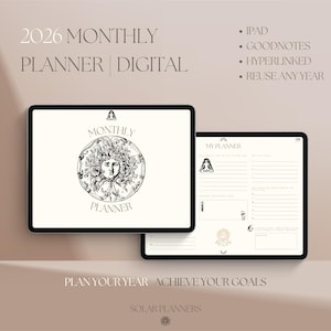 May include: Digital 2026 monthly planner displayed on two tablets. The planner features a Medusa illustration and the text "Monthly Planner." Additional text includes "Plan Your Year Achieve Your Goals" and "Solar Planners."