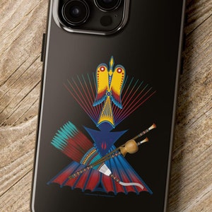 May include: A black phone case with a colorful design of a Native American headdress with feathers and a pipe. The phone case has a black background and a silver trim.