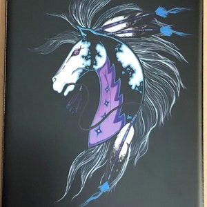 May include: A black and white horse head with blue and purple accents. The horse has a long flowing mane and tail. The image is on a black background and has the text "Thunder Puppy Art" at the bottom.