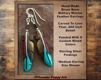 Hand Carved Bison Bone Military Macaw Feather Earrings, Sterling Silver, Hand Painted, 3 sizes,With Gift Box, Made in USA