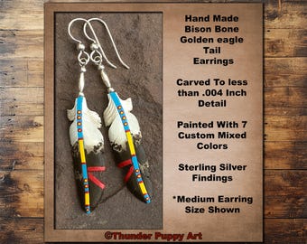 Hand Carved Bison Bone Golden Eagle Tail Feather Earrings, Sterling Silver, Hand Painted, 3 sizes,W/Gift Box,Made in USA, Native AM, Birding