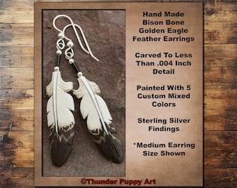 Hand Carved Bison Bone Golden Eagle Feather Earrings,Sterling Silver, Hand Painted, 3 sizes,With Gift Box, Made in USA