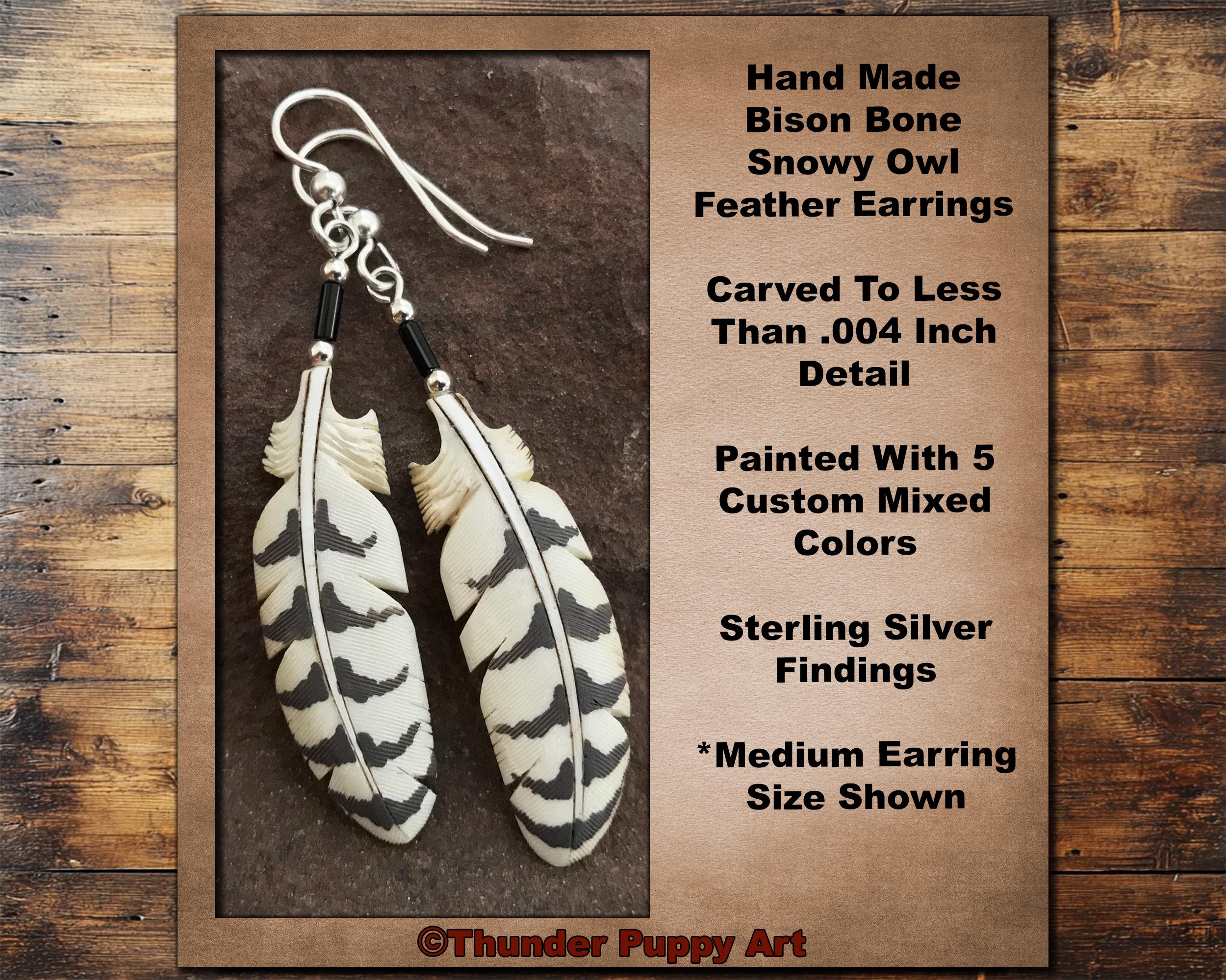 Hand Carved Bison Bone Snowy Owl Secondary Wing Feather Earrings,Sterling Silver, Hand Painted, 3 si