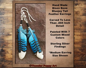 Hand Carved Bison Bone Bluejay Feather Earrings, Sterling Silver, Hand Painted, 3 sizes,With Gift Box, Made in USA