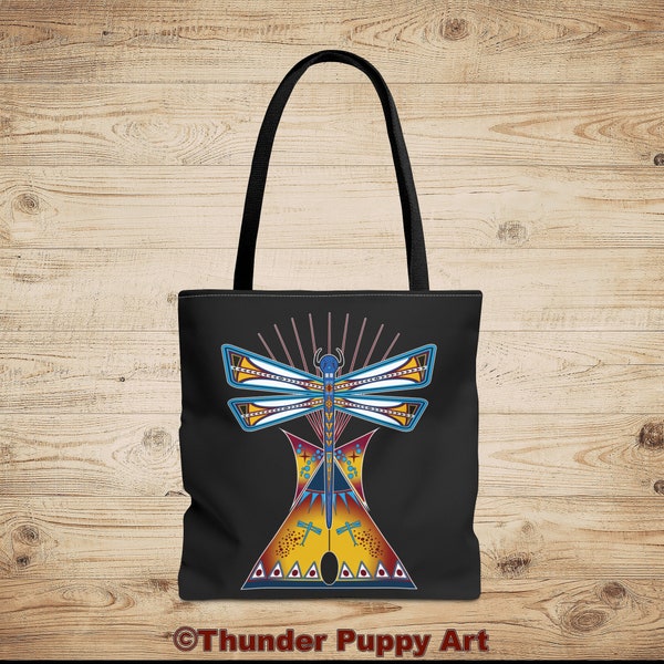 Native American Tote Bag, Drum Bag, Dragonfly Lodge,Portion Donated, Lakota, Ledger Art Sioux,Tipi, Tote Bag (AOP)