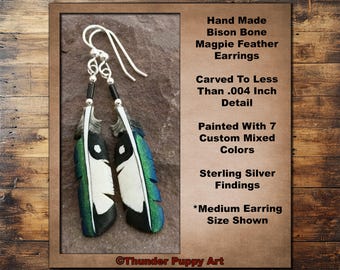 Hand Carved Bison Bone Magpie Feather Earrings,Sterling Silver, Hand Painted, 3 sizes,With Gift Box, Made in USA