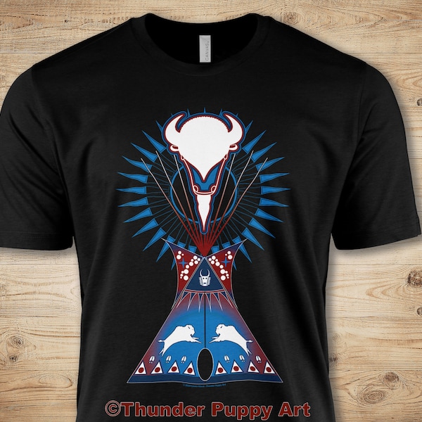 Native American T-shirt,White Buffalo Lodge, Portion Donated, MMIW, Native Hope, Parfleche Design, Ledger Art, Lakota, Tipi,Short Sleeve Tee