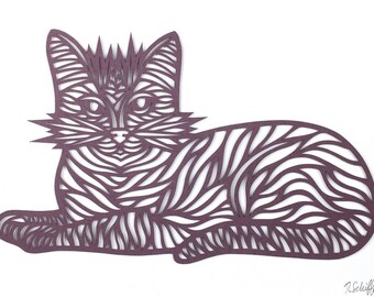 Paper Cut "Cat", original hand cut design by Rochel Schiffrin,  Matted 8"x10", Framed or Unframed