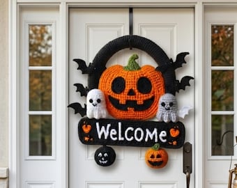 Halloween Crochet Wreath Pattern PDF, Amigurumi Pumpkin Ghost Bat Welcome Sign (Digital Download)