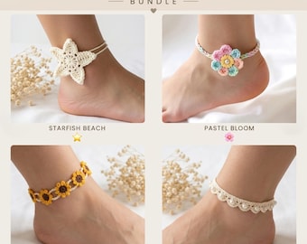 Gehäkeltes Fußkettchen Muster Bundle PDF, Seestern Strand Fußkettchen, Floral & Sonnenblumen Fußkettchen, Spitze Perle Fußkettchen, DIY Sommer Schmuck Muster