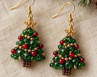 Christmas Tree Beaded Earrings Pattern, Holiday Bead Weaving Tutorial, Word Chart and Bead Graph, DIY Jewelry Digital Download