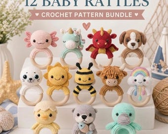 12 Baby Rattle Crochet Pattern Bundle, Amigurumi Animal Rattles, Teething Ring Toy PDF, Nursery Gift, Baby Shower