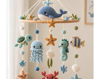 Crochet Ocean Baby Mobile Pattern PDF, Whale Turtle Jellyfish Seahorse Fish Crab Starfish Nursery Mobile DIY Amigurumi Decor