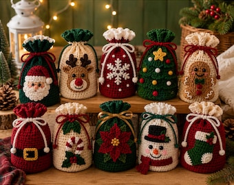 10 Christmas Crochet Gift Bag Pattern Bundle PDF, Santa Reindeer Snowman Tree Gingerbread Drawstring Bags, Holiday Treat Bag