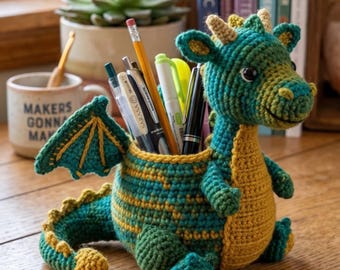 Dragon Crochet Pencil Holder Pattern PDF, Amigurumi Desk Organizer, Crochet Pen Cup, Fantasy Dragon Office Decor DIY Gift