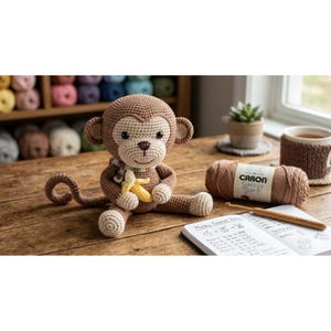 May include: A handmade crochet monkey doll in brown and beige, clutching a yellow banana. The monkey is wearing a scarf and sits on a wooden surface. A ball of brown yarn, a crochet hook, and a notebook are also visible.