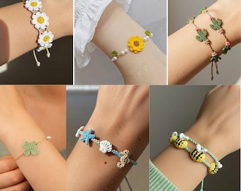 Häkelarmband Muster Bundle, Daisy Sunflower Biene Kaktus Ozean, 6 Armband Muster, Süßer Sommer Schmuck, Freundschaftsarmband PDF