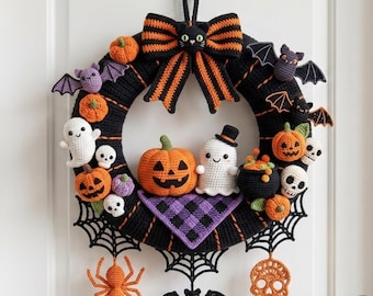 Halloween Kranz Häkelanleitung PDF, Amigurumi Geist Kürbis Fledermaus Spinne Dekor, süßer gruseliger Türkranz, Instant Download