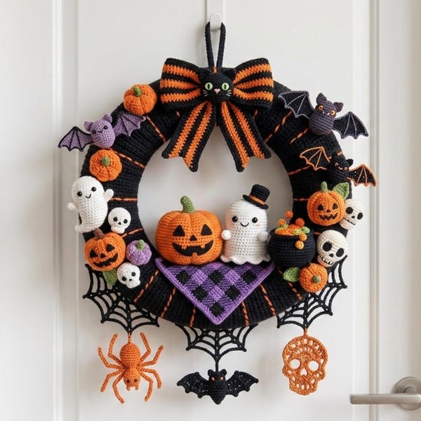 Wzór na szydełkowy wieniec na Halloween w formacie PDF, dekoracja z dyni i pająka z motywem ducha amigurumi, uroczy, straszny wianek na drzwi, natychmiastowe pobranie