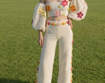 Gehäkelte Blumenhose Set Muster, Boho Tube Top & Hose mit weitem Bein PDF, 3D Blume Häkeln Outfit, Puffärmel Top Muster, Sommer Set