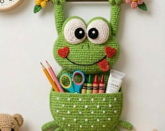 Häkeln Frosch Wandbehang Muster PDF, Amigurumi Frosch Aufbewahrungstasche, Kinderzimmer Dekor, Hängespielzeug Organizer, Häkelanleitung