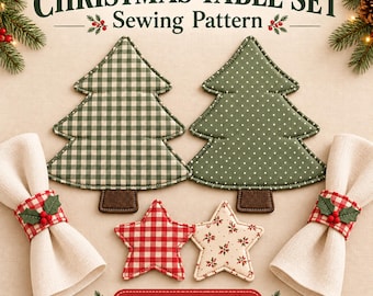 Christmas Table Set Sewing Pattern, Tree Placemat Star Coaster and Holly Napkin Ring Printable PDF, Beginner Holiday Decor