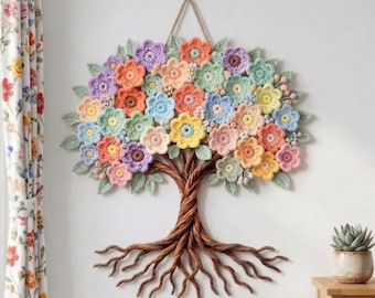Häkelblumen Baum des Lebens, 3D Blumen Häkelblume, Boho Wanddeko, Boho Häkelblume, PDF Anleitung, PDF Anleitung