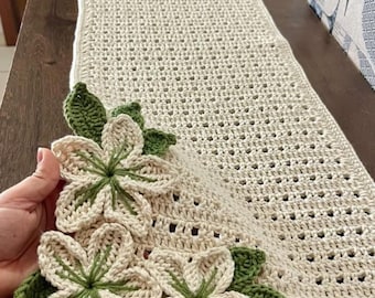 Gehäkeltes Tischläufer Muster mit 3D Sakura Blumen, Filet Lace Läufer, Florale Tischdekoration, Boho Häkeln Bauernhaus PDF Muster