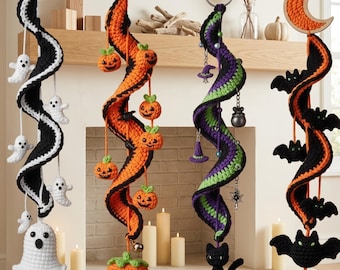 Halloween Halloween Häkel-Spirale Muster PDF, Geist Kürbis Fledermaus Dekor, Amigurumi hängende Mobile, Witchy Spiral Ornament, DIY Häkelanleitung