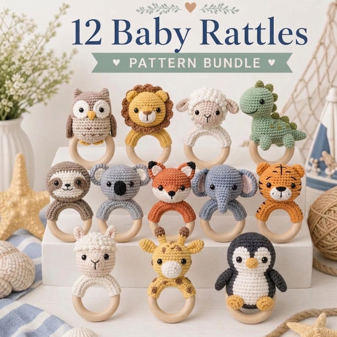 Baby Rattle Patterns 12 Baby Rattle Crochet Pattern Bundle, Amigurumi Animal Rattle Patterns ...