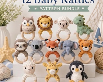 12 Baby Rattle Crochet Pattern Bundle, Amigurumi Animal Rattle Patterns, Owl Lion Lamb Dino Fox Elephant Koala PDF