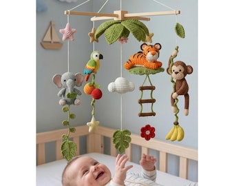 Crochet Safari Baby Mobile Pattern PDF, Jungle Nursery Mobile, Amigurumi Elephant Tiger Monkey Parrot, Crib Mobile Pattern