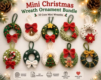 Mini Christmas Wreath Ornament Crochet Pattern PDF | 10 Mini Wreath Bundle | Christmas Tree Decor | DIY Holiday Decor