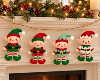 Christmas Elf Felt Ornament Sewing Pattern Bundle, 4 Printable Templates, Beginner Hand Stitching PDF, Holiday Tree Decor