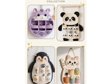 Paquete de patrones de organizador de pared de animales a crochet / Patrón PDF de almacenamiento colgante de hámster, panda, pingüino y gato