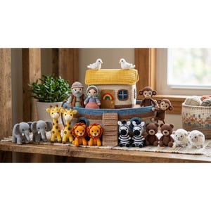 May include: A collection of crocheted amigurumi figures featuring a large Noah's Ark boat with a yellow roof, two white birds, and various animals including elephants, giraffes, lions, monkeys, zebras, bears, and sheep, plus two human figures.