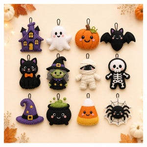 May include: A set of twelve felt Halloween ornaments featuring a purple haunted house, white ghost, orange pumpkin, black bat, black cat, witch, mummy, skeleton, purple witch hat, green bubbling cauldron, candy corn, and a spider on a web.