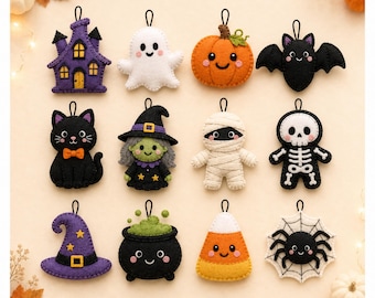 Halloween Felt Ornament Sewing Pattern PDF, 12 Beginner-Friendly Spooky Cute Decorations with Printable Templates
