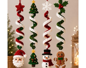 Crochet Christmas Wind Spiral Hanging Pattern Bundle PDF | Santa Tree Snowman Gingerbread Spiral Ornament Crochet Pattern