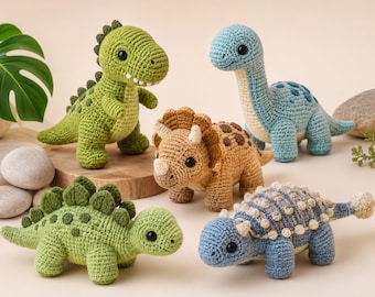 Dinosaur Crochet Pattern Bundle, 5 Amigurumi Dinosaur PDF Patterns, T Rex, Long Neck, Triceratops, Stegosaurus, Ankylosaurus